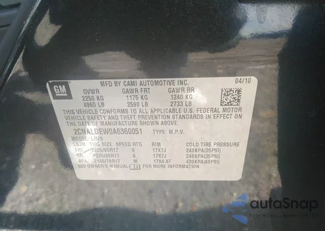 2010 Chevrolet Equinox Lt из США, поврежденный, VIN 2CNALDEW0A6360051